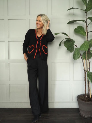 Fea Soft Cardigan with Tie Fastening &amp; Red Ric-Rac Hearts and Trim - Black
