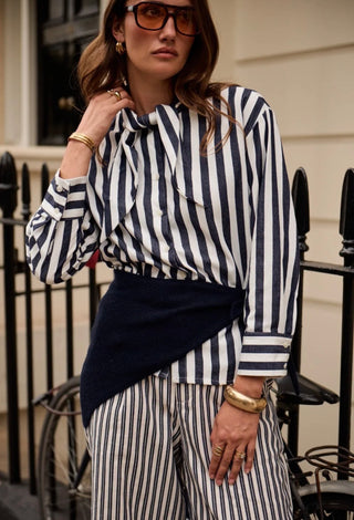 Fulham Striped Blouse with Tie Detail - Navy Blue, Red
