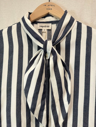 Fulham Striped Blouse with Tie Detail - Navy Blue, Red