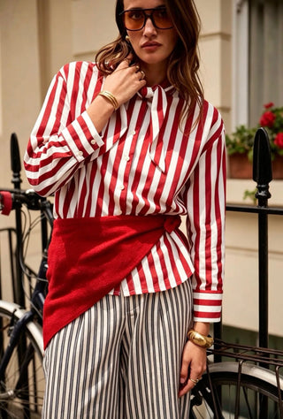 Fulham Striped Blouse with Tie Detail - Navy Blue, Red