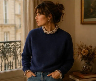 Hurlingham Jumper with Tartan Collar and Cuff Detail - Chocolate, Navy Blue