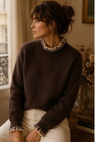 Hurlingham Jumper with Tartan Collar and Cuff Detail - Chocolate, Navy Blue