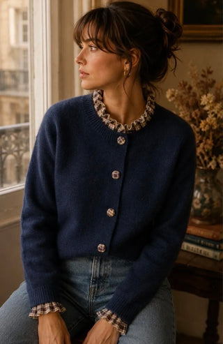 Sullivan Cardigan with Tartan Collar, Cuff and Button Detail - Navy Blue, Taupe