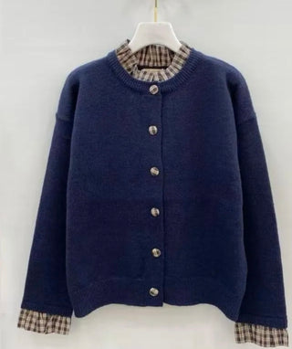 Sullivan Cardigan with Tartan Collar, Cuff and Button Detail - Navy Blue, Taupe