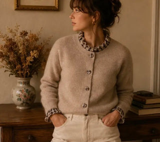 Sullivan Cardigan with Tartan Collar, Cuff and Button Detail - Navy Blue, Taupe