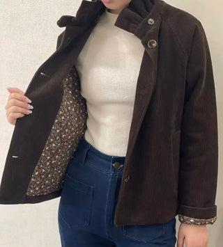 Nina Corduroy Jacket with Ruffle Collar and Quilted Floral Lining - Chocolate, Khaki, Navy Blue