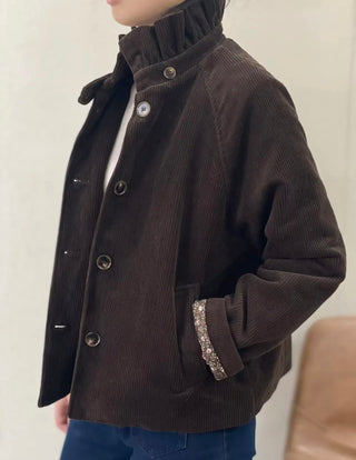 Nina Corduroy Jacket with Ruffle Collar and Quilted Floral Lining - Chocolate, Khaki, Navy Blue