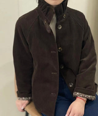 Nina Corduroy Jacket with Ruffle Collar and Quilted Floral Lining - Chocolate, Khaki, Navy Blue