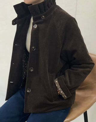 Nina Corduroy Jacket with Ruffle Collar and Quilted Floral Lining - Chocolate, Khaki, Navy Blue