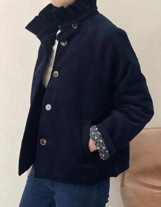 Nina Corduroy Jacket with Ruffle Collar and Quilted Floral Lining - Chocolate, Khaki, Navy Blue