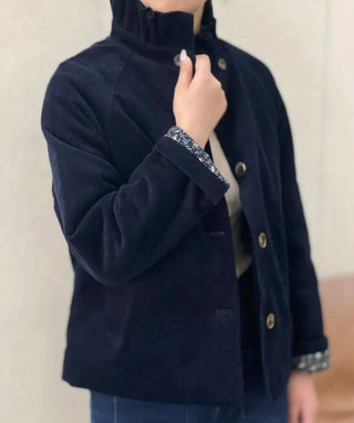 Nina Corduroy Jacket with Ruffle Collar and Quilted Floral Lining - Chocolate, Khaki, Navy Blue