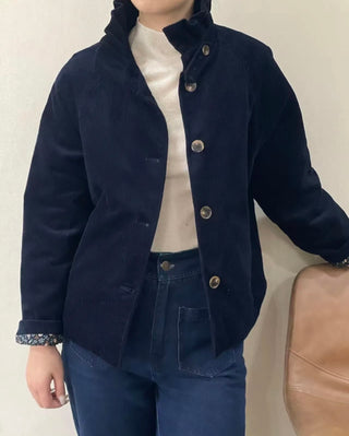 Nina Corduroy Jacket with Ruffle Collar and Quilted Floral Lining - Chocolate, Khaki, Navy Blue
