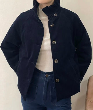 Nina Corduroy Jacket with Ruffle Collar and Quilted Floral Lining - Chocolate, Khaki, Navy Blue