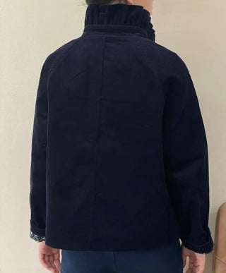 Nina Corduroy Jacket with Ruffle Collar and Quilted Floral Lining - Chocolate, Khaki, Navy Blue