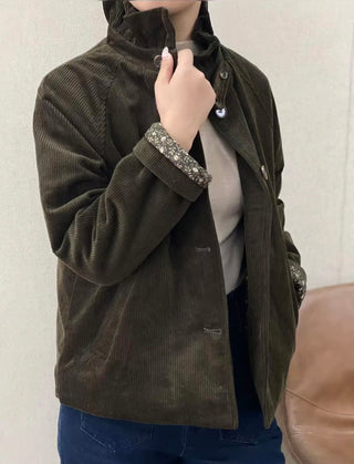 Nina Corduroy Jacket with Ruffle Collar and Quilted Floral Lining - Chocolate, Khaki, Navy Blue