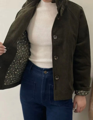 Nina Corduroy Jacket with Ruffle Collar and Quilted Floral Lining - Chocolate, Khaki, Navy Blue