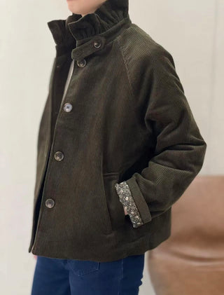 Nina Corduroy Jacket with Ruffle Collar and Quilted Floral Lining - Chocolate, Khaki, Navy Blue