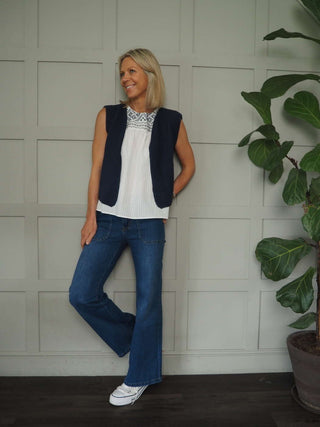 Gigi Eco-Cotton Relaxed Fit Knitted Sleeveless Cardigan, No Fastening by Luella - Navy Blue