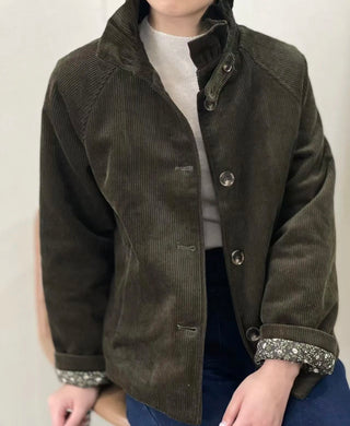 Nina Corduroy Jacket with Ruffle Collar and Quilted Floral Lining - Chocolate, Khaki, Navy Blue