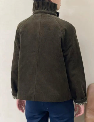 Nina Corduroy Jacket with Ruffle Collar and Quilted Floral Lining - Chocolate, Khaki, Navy Blue