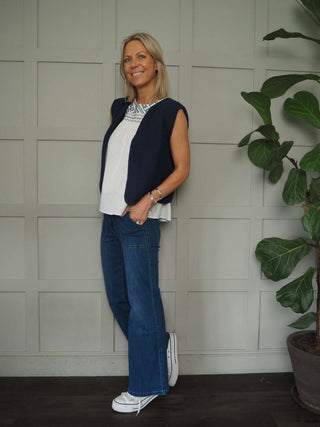 Gigi Eco-Cotton Relaxed Fit Knitted Sleeveless Cardigan, No Fastening by Luella - Navy Blue