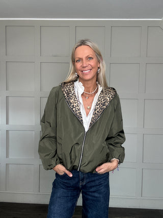 Philip Lightweight Reversible Jacket with Hood - Khaki/Leopard Print