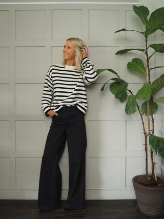 Cook Striped Wool Mix Round Necked Jumper with Shoulder Buttons - Black/Ecru