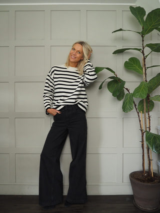 Cook Striped Wool Mix Round Necked Jumper with Shoulder Buttons - Black/Ecru