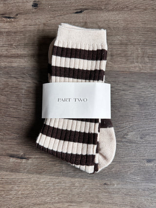 Dorin Wool Blend Ribbed Stripe Socks by Part Two - Chocolate/Oatmeal