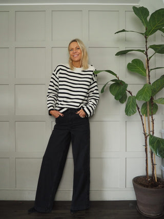 Cook Striped Wool Mix Round Necked Jumper with Shoulder Buttons - Black/Ecru