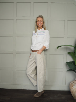 Pinette Barrel Leg Jeans  - Oatmeal, White