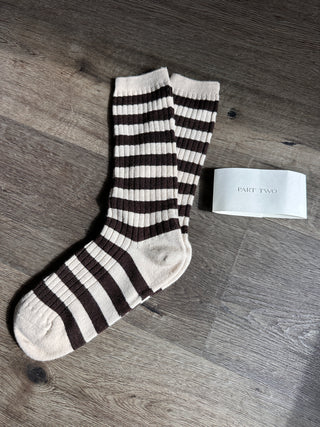Dorin Wool Blend Ribbed Stripe Socks by Part Two - Chocolate/Oatmeal