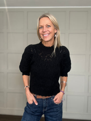 Dorthie Pointelle Jumper with Cropped Sleeves by Part Two - Black, Cream