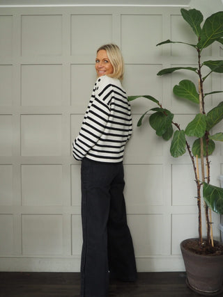 Cook Striped Wool Mix Round Necked Jumper with Shoulder Buttons - Black/Ecru