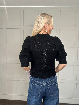 Dorthie Pointelle Jumper with Cropped Sleeves by Part Two - Black, Cream