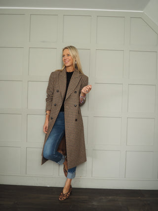 Carole Classic Tweed Double Breasted Overcoat - Black/Chocolate/Oatmeal