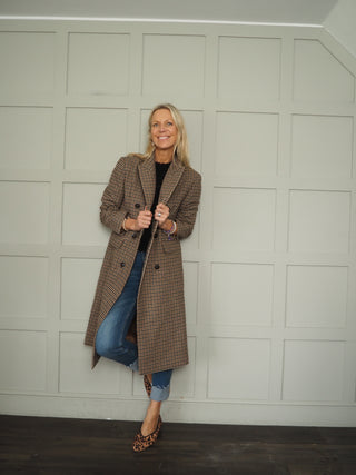 Carole Classic Tweed Double Breasted Overcoat - Black/Chocolate/Oatmeal