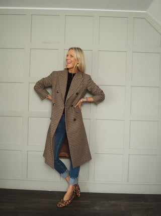 Carole Classic Tweed Double Breasted Overcoat - Black/Chocolate/Oatmeal
