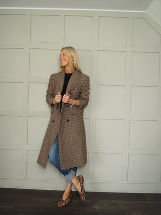 Carole Classic Tweed Double Breasted Overcoat - Black/Chocolate/Oatmeal