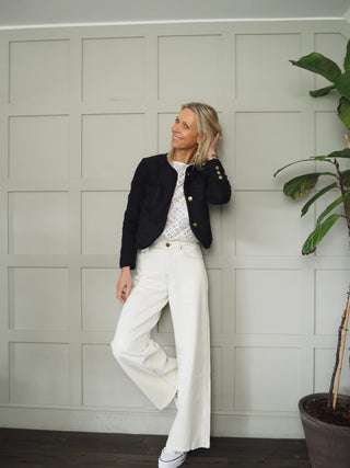 Marli Round Neck Boucle Jacket with Gold Buttons - Dark Navy Blue