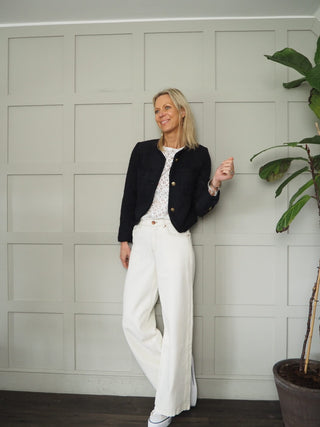 Marli Round Neck Boucle Jacket with Gold Buttons - Dark Navy Blue