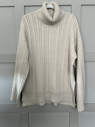 Griff Cable Knit Polo Neck Jumper with Ribbing Detail, Side Slits By Moss Copenhagen - Oatmeal