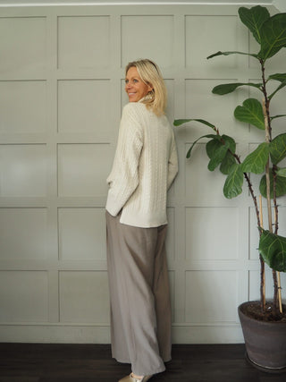 Griff Cable Knit Polo Neck Jumper with Ribbing Detail, Side Slits By Moss Copenhagen - Oatmeal