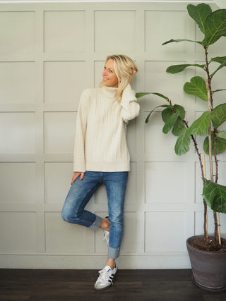 Griff Cable Knit Polo Neck Jumper with Ribbing Detail, Side Slits By Moss Copenhagen - Oatmeal