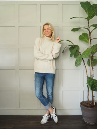 Griff Cable Knit Polo Neck Jumper with Ribbing Detail, Side Slits By Moss Copenhagen - Oatmeal