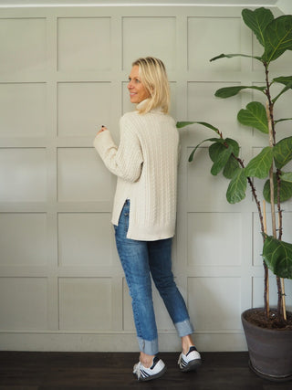 Griff Cable Knit Polo Neck Jumper with Ribbing Detail, Side Slits By Moss Copenhagen - Oatmeal