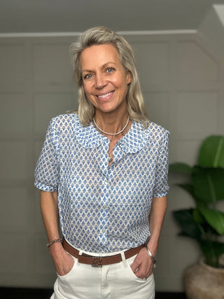 Marseille Blouse with Peter Pan Collar by Luella - Blue/White, Neon Orange/Pink