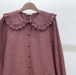 Wynter Gingham Blouse with Scalloped Peter Pan Collar - Red/Off White