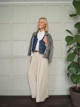 Rosie Wide Leg, Lightweight Trousers with Pleated Front &amp; Side Pockets - Black, Blue/Grey, Off White and Stone