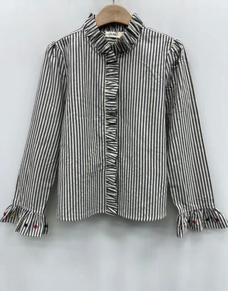 Amanda Striped Blouse with Ruffle Details and Embroidered Flowers - Navy/White